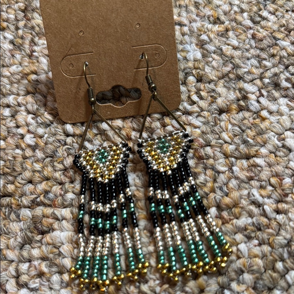 Elegant Beaded Dangle Earrings - Black, Green, Gold